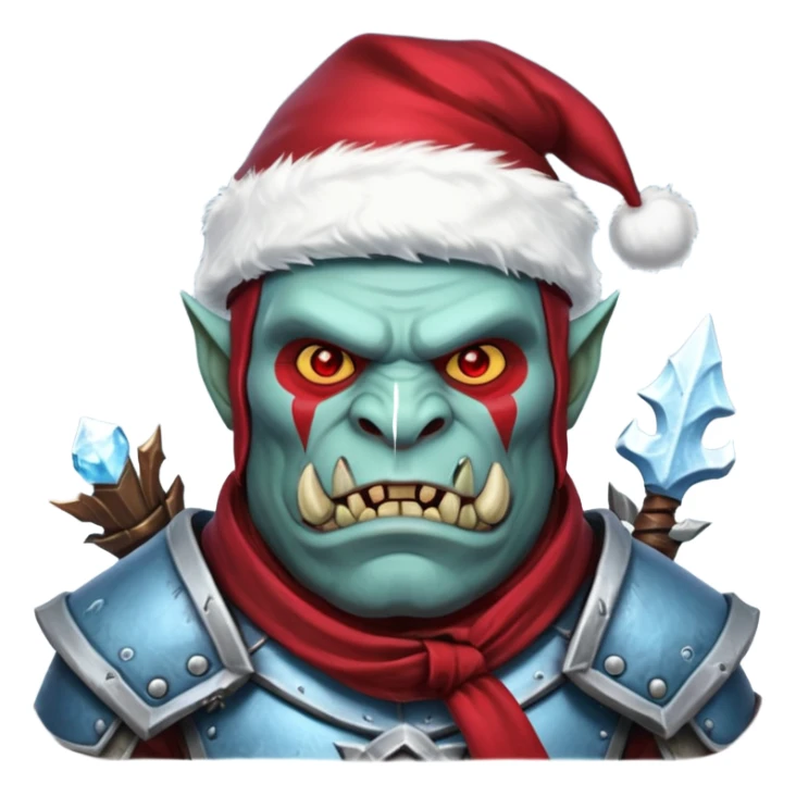
Fantasy Christmas orc legion soldier icon, iron tundra army theme, heavy winter armor, disciplined brutal look, icy blue steel armor with deep crimson accents, frozen metal texture, cold winter atmosphere, male variant sticker
