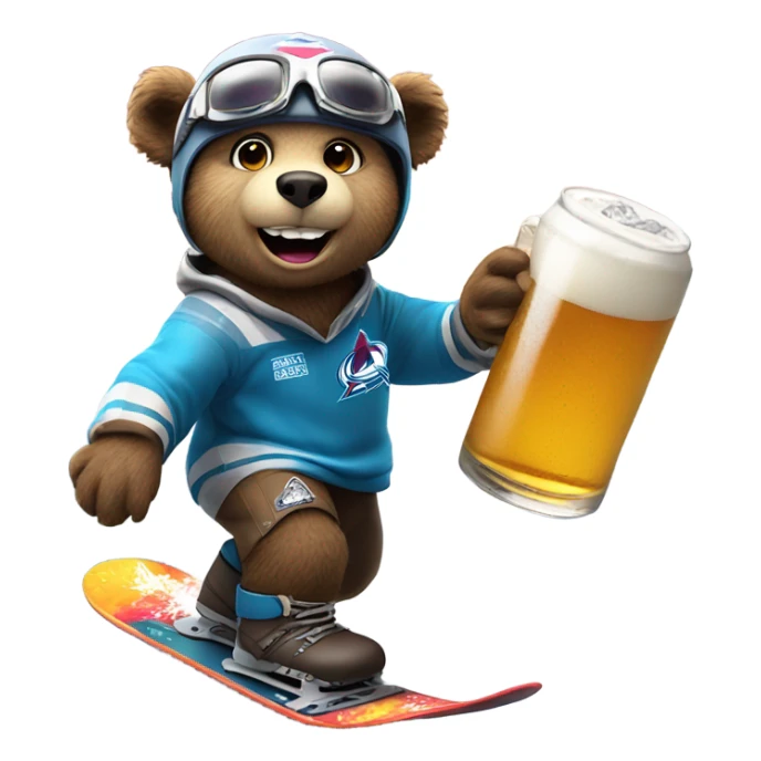 snowboard bear with safe  helmet and goggles in colorado avalanche jersey doing insane tricks while holding a beer sticker
