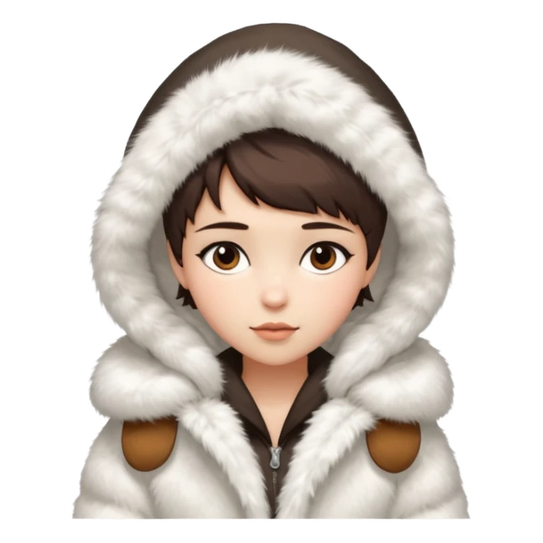 Girl pixiecut Hair Brown in a extremely big fluffy oversized white fur coat with hood on. The fur is real and it’s very obvious big and fluffy  sticker