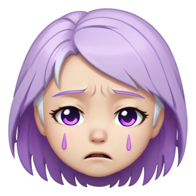 Chibi Sable Ward crying, teary eyes, pouty mouth, tears falling, white hair with purple streaks, fully purple eyes, sad expression sticker