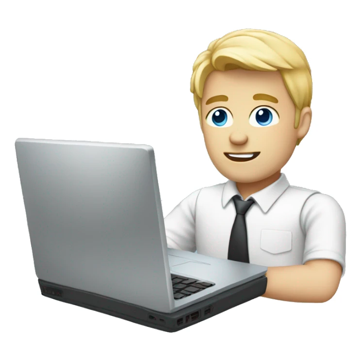 Male coder featuring a laptop. He has blonde hair, blue eyes, white skin. sticker