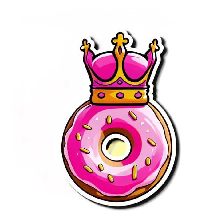 pink frosted donut with a kings crown sticker