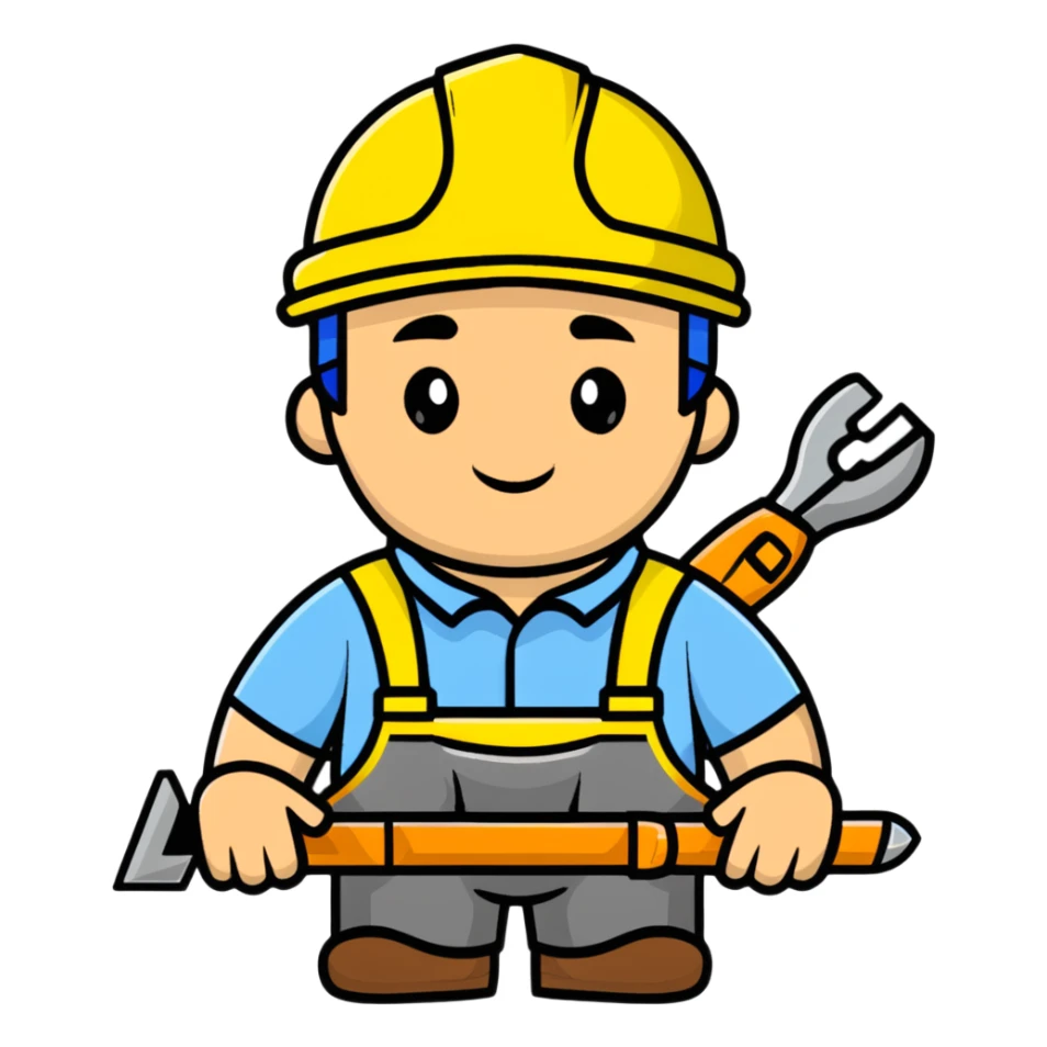 Ukrainian builder in traditional embroidered vyshyvanka shirt with construction helmet and tools sticker