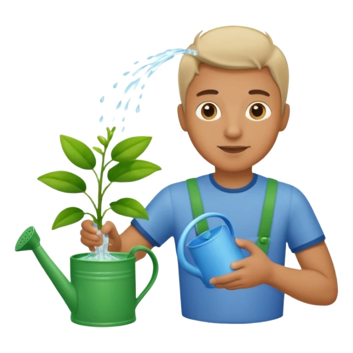 man pouring water onto a green plant,  with a watering can in hand,  sticker