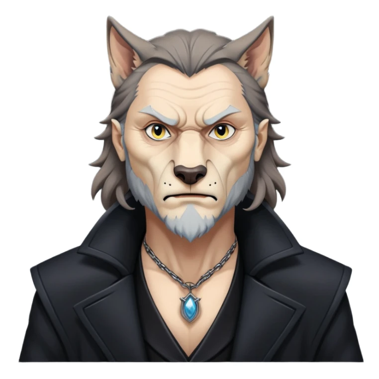 Fenrir Greyback in harry potter, black open chest coat, wolf face, pointed ear sticker