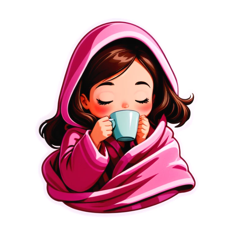 girl inside a blanket sipping coffee eyes closed sticker