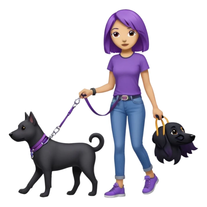 purple haired light skinned woman walking a big, black dog sticker