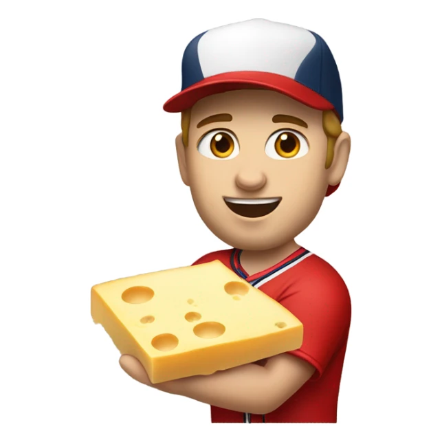 Caucasian Baseball player with red hat and red jersey eating cheese sticker