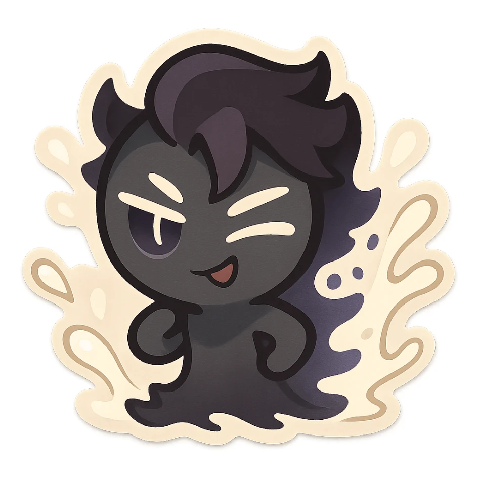 Chibi Shadow Milk Cookie, small and adorable, with a shadowy aura, milk splashes, and a playful expression sticker