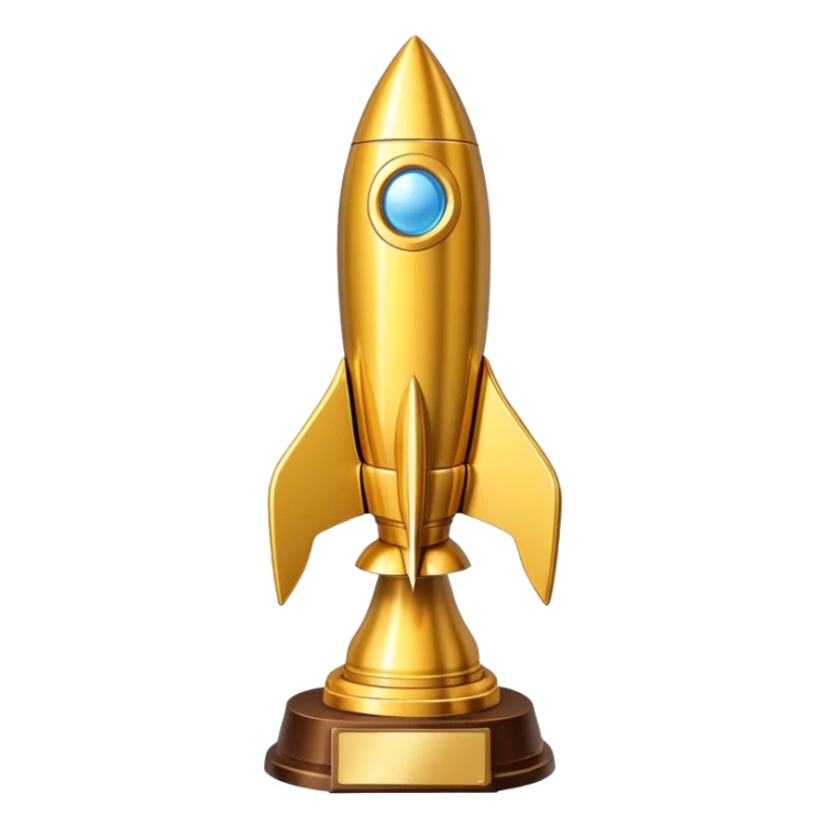 Golden rocket trophy award, shiny gold rocket with a trophy base sticker