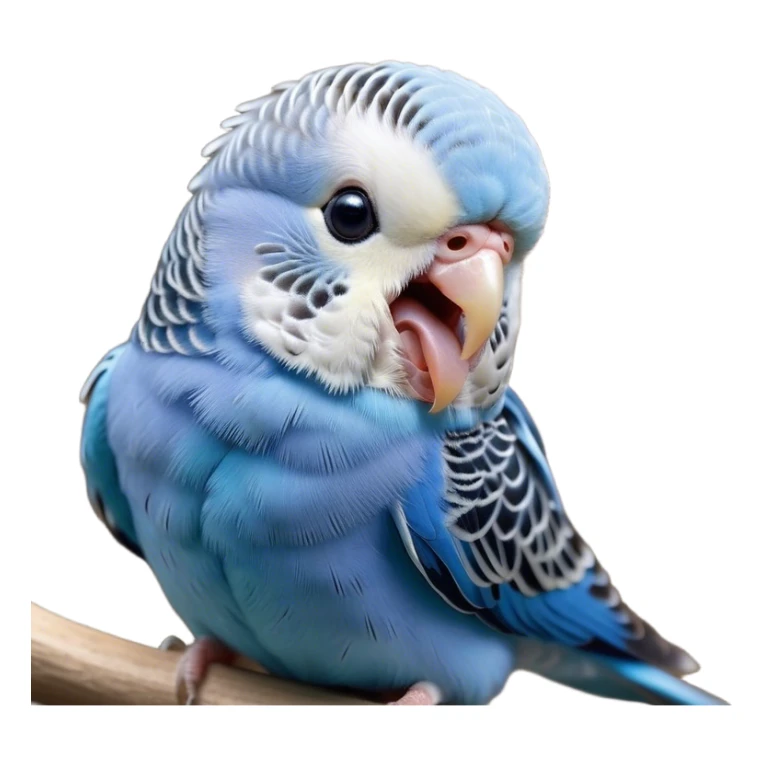 Cinematic Cute Yawning Blue Budgie Portrait Emoji, Head tilted slightly with a dramatic, wide-open yawn, showcasing a soft, downy blue feathered fur with gently drooping wings, round dark eyes barely open in drowsy contentment, Simplified yet irresistibly adorable features, highly detailed, glowing with a soft, cozy glow, high shine, relaxed yet expressive, stylized with a touch of whimsy, bright and endearing, soft glowing outline, capturing the essence of a sleepy yet affectionate budgie, so drowsy it feels like it could stretch out of the screen and curl up for a nap! sticker