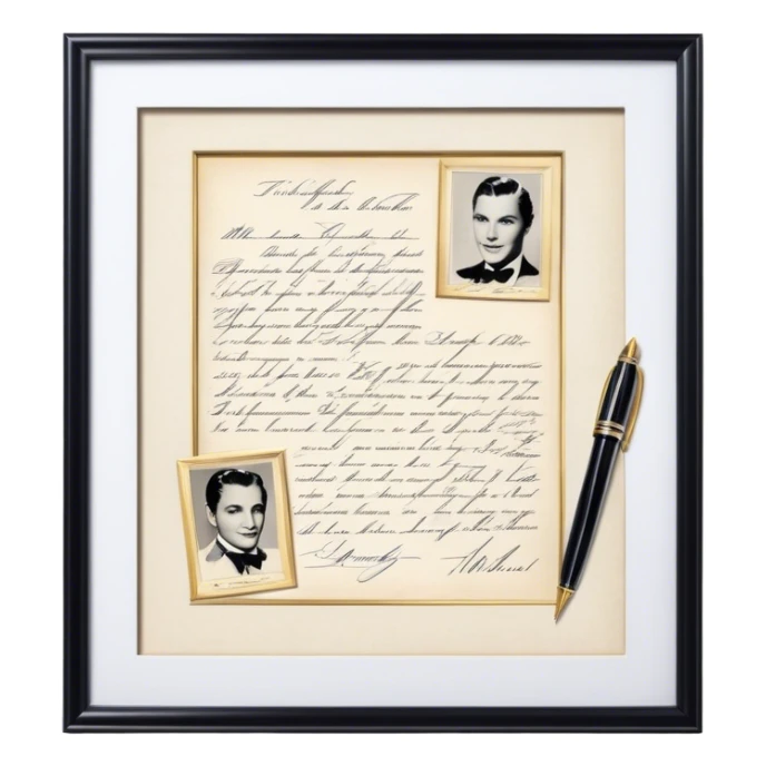 Icon for Autograph Collecting: several vintage sheets in frames with famous celebrity signatures on them, with a classic fountain pen nearby. The icon should evoke the elegance and rarity of collecting autographs. Transparent background. sticker