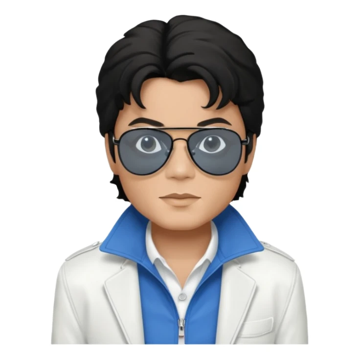 Michael Jackson is white, wearing completely black smokey Ray-Ban glasses, a white jacket, and a blue shirt. sticker