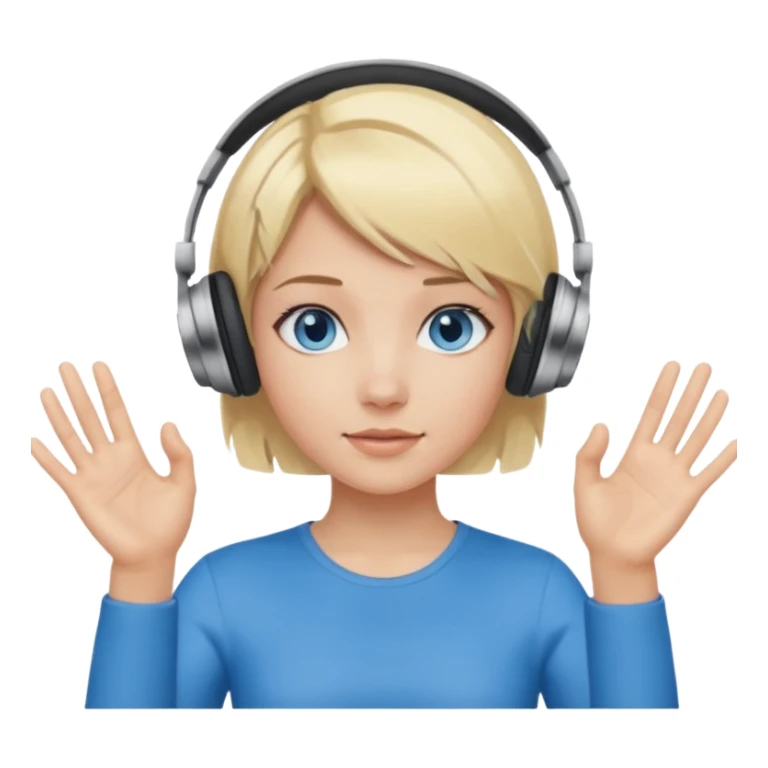 girl with blonde and middle short hair and blue eys with heands telling what, having heaphones on head,  sticker