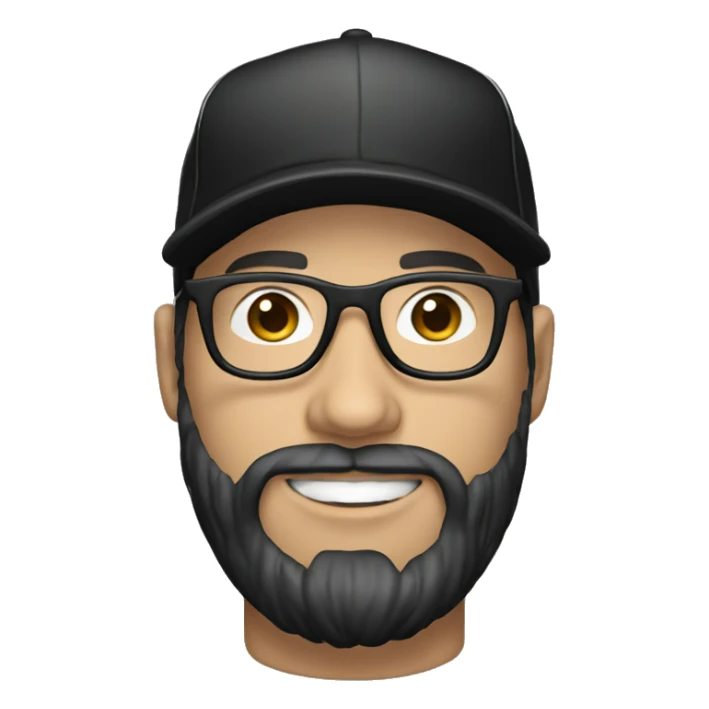 white man with glasses and black beard with a baseball hat backwards and a black t shirt sticker