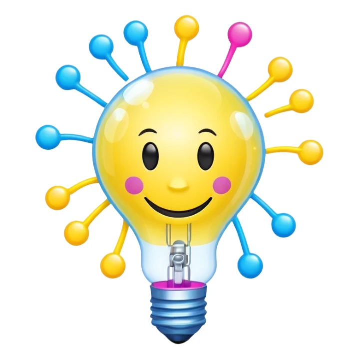 lightbulb with happy face, spinning atom inside, floating chemical bubbles, small lightning bolt on top, vibrant colors yellow, neon blue, bright pink, conveying fun science and creative energy sticker