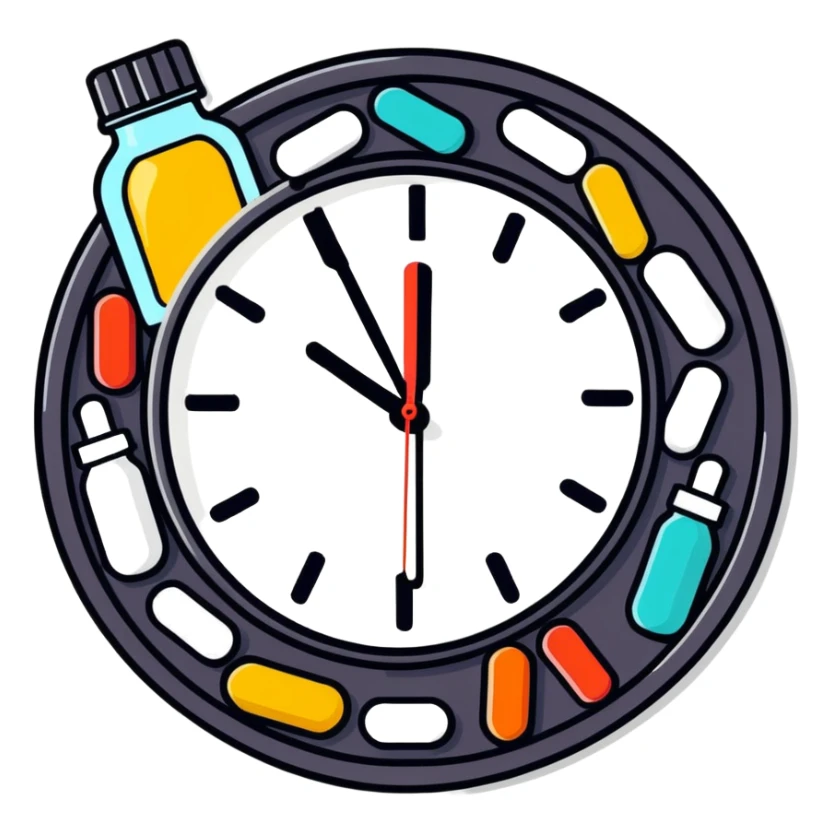 wall clock with pills around it and a syrup bottle, cartoonish sticker style sticker
