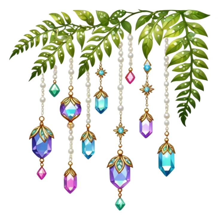 Few cute tiny Iridescent glistening glossy sparkly shiny glittery hanging crystals pearls and beads and gemstones scenery scenic decorations with vines and ferns and flowers sticker