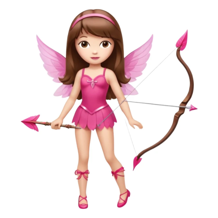 Hada de piel clara cupido pequeña  de cabello largo lacio castaño con flequillo y ojos cafés  vestida con algo sensual semitransparente corto color blanco o rojo con 1 arco y una sola flecha que combinen y labios rositas tipo Barbie pero en hada cupido de cuerpo completo de pies a cabeza   sticker