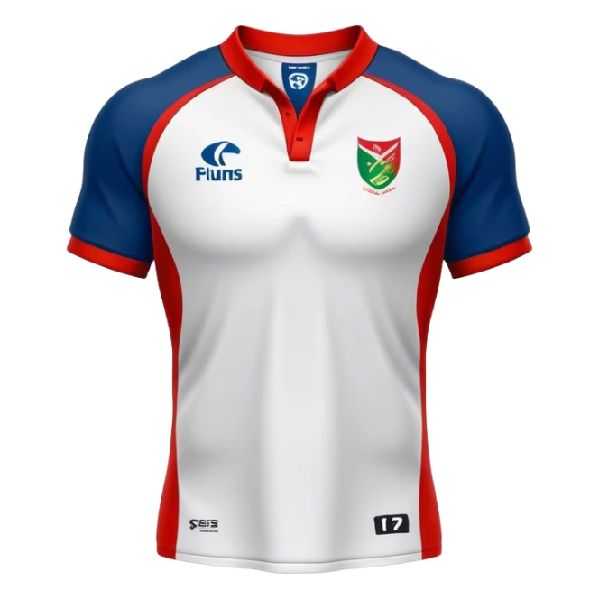 Cinematic Realistic image of a rugby jersey rendered in bold, dynamic team colors with intricately detailed fabric textures and natural creases, illuminated by dramatic stadium lighting sticker