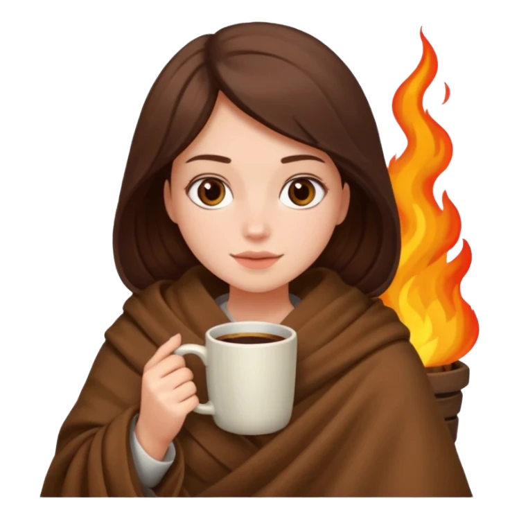 Girl cozy by the fire with brown blanket and coffee sticker