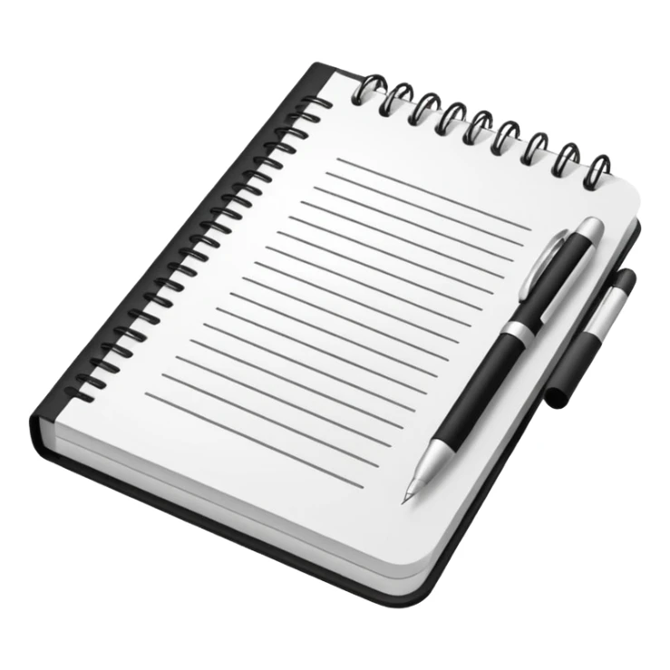 Front-facing notebook icon with a pen on the right side, minimal line-art, clean modern style, perfectly straight angle (no tilt), simple outlines, slightly 3D, no background, transparent, “documenting / journaling / tracking progress sticker