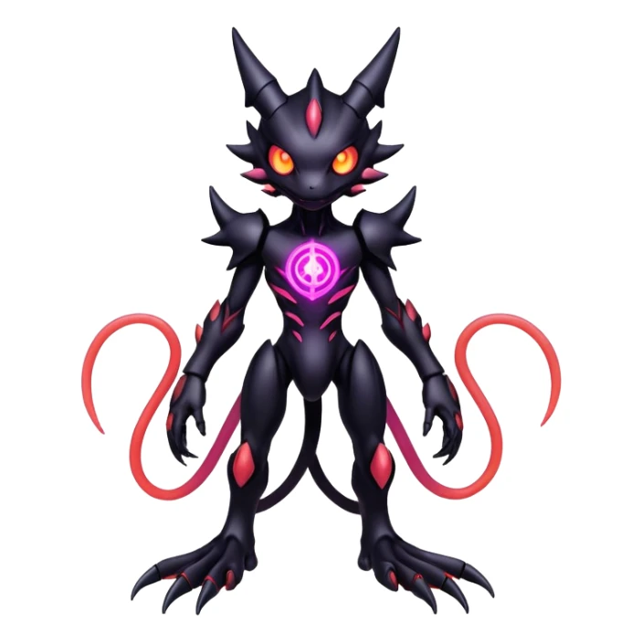 futuristic dark shadowy evil neon-glowing warm-colored Fakémon-Digimon-hybrid-creature (full body) sticker