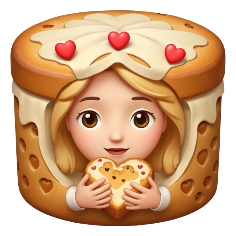 Apple-style emoji illustration of a cute face with dreamy eyes hugging a traditional panettone, small hearts floating around, soft 3D emoji style, smooth gradients, rounded shapes, warm festive colors, simple expression, centered composition, transparent background, no text. sticker