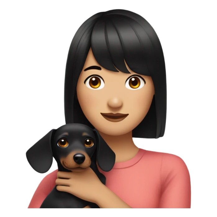 Asian woman with black neat bangs hugging black dachshund sticker