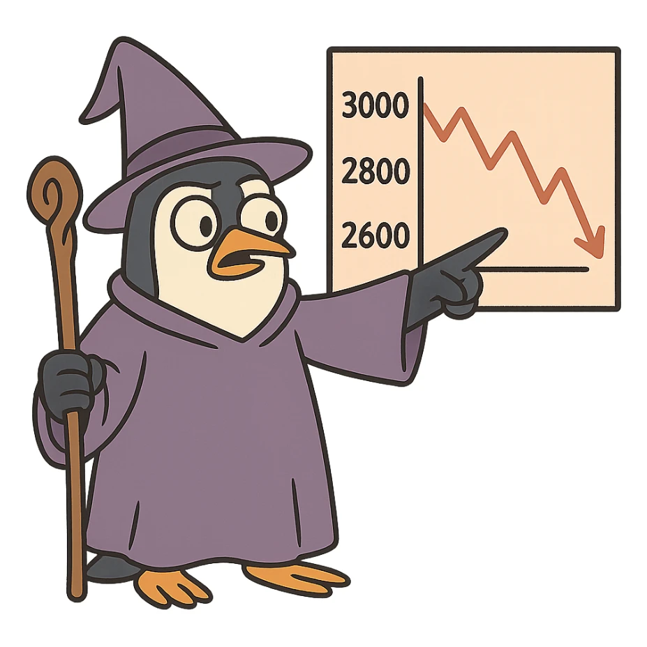 penguin wizard pointing to a stock chart with numbers going down sticker