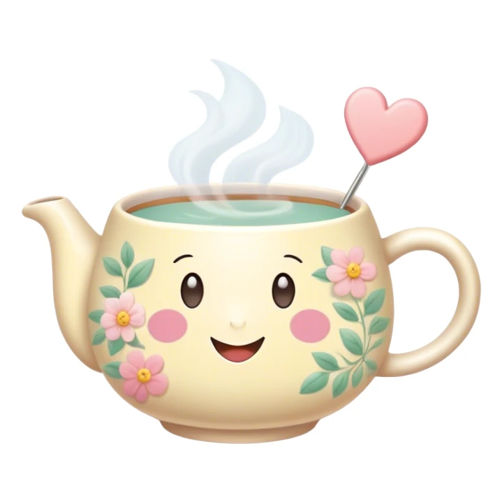Cute Kawaii Tea Cup, steaming with warmth, a charming smiling face, soft pastel tones, delicate floral patterns, a tiny heart-shaped tea bag tag, cozy and inviting! sticker