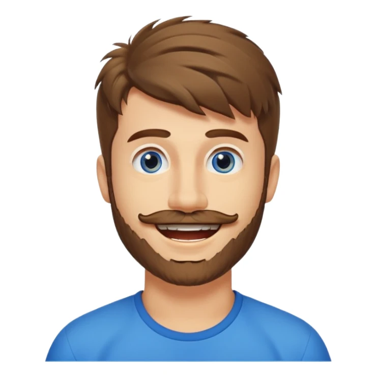 25 year old man, short scruffy beard and sparse moustache, brown puffy mullet, blue eyes, big smile, white teeth, big lips, pronounced jaw, hair longer in back, sticking up on top sticker