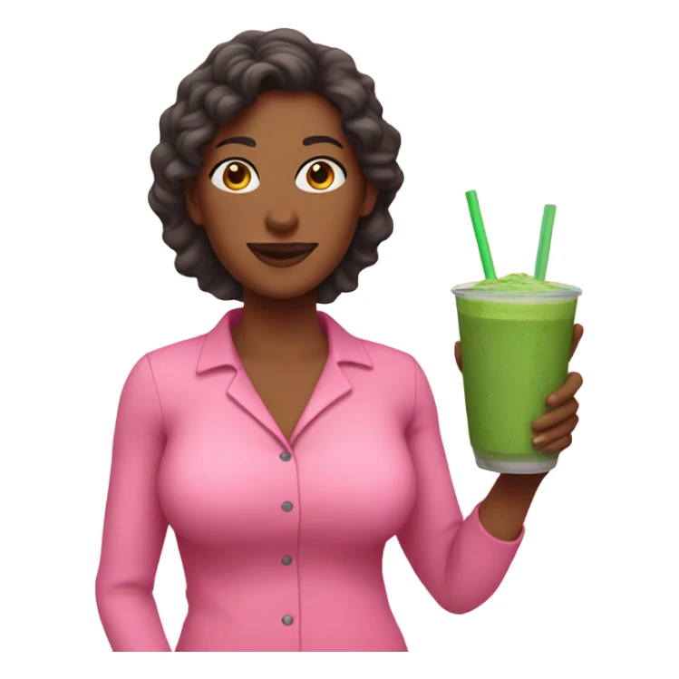 Mom wearing pink set and has a green smoothie sticker