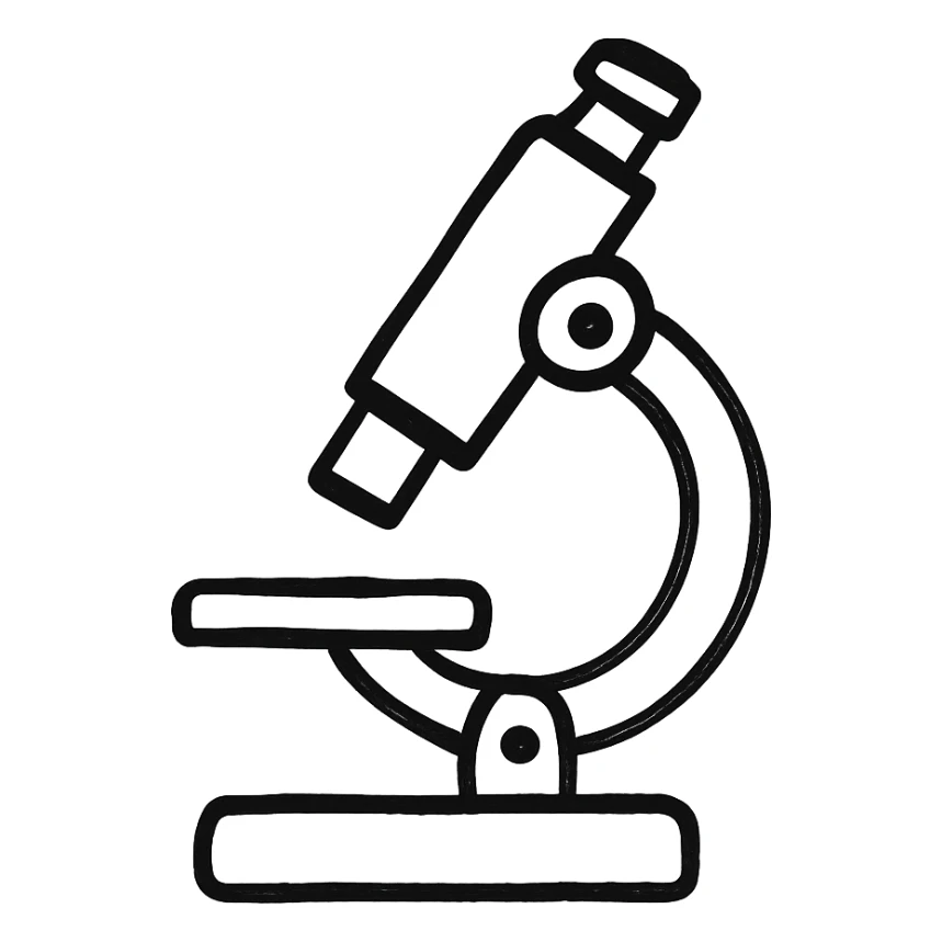 Add a microscope to the scientific research icon, keep it hand-drawn, black and white, sketch style sticker