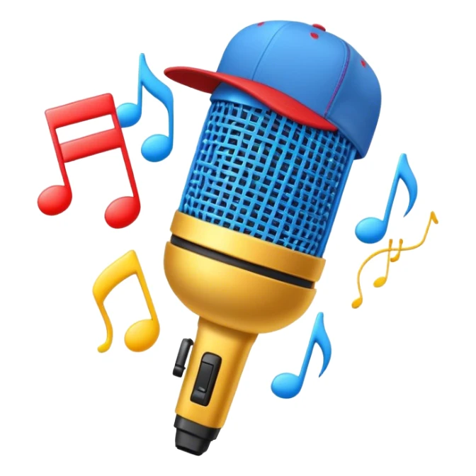 Create a dynamic and energetic emoji that represents beatboxing. The design should feature a microphone with a singing mouth and soundwaves or rhythmic beats emanating from it, symbolizing the vocal percussion and rhythm of beatboxing. Add a cap placed on top of the microphone to reflect street culture and the individuality of the performer. Include musical notes floating around to emphasize the musicality. Use bold, vibrant colors like neon blue, red, and yellow to convey energy and excitement. The background should be transparent. sticker