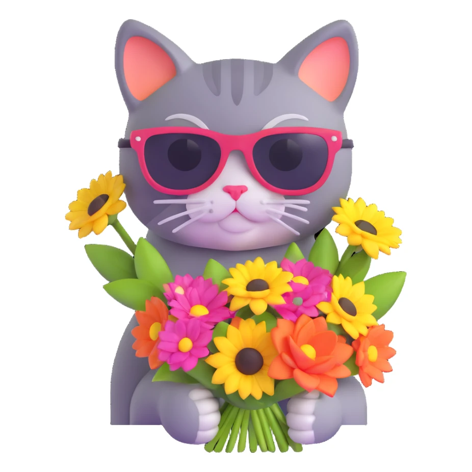 cat wearing sunglasses holding a bouquet of flowers sticker