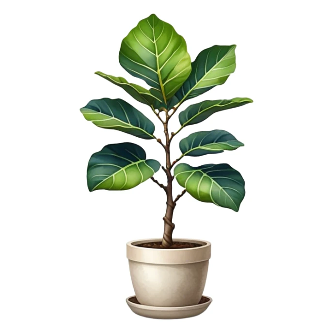 An elegant fiddle-leaf fig tree in a modern minimalist pot, painted in watercolor with realistic shadows and highlights. sticker