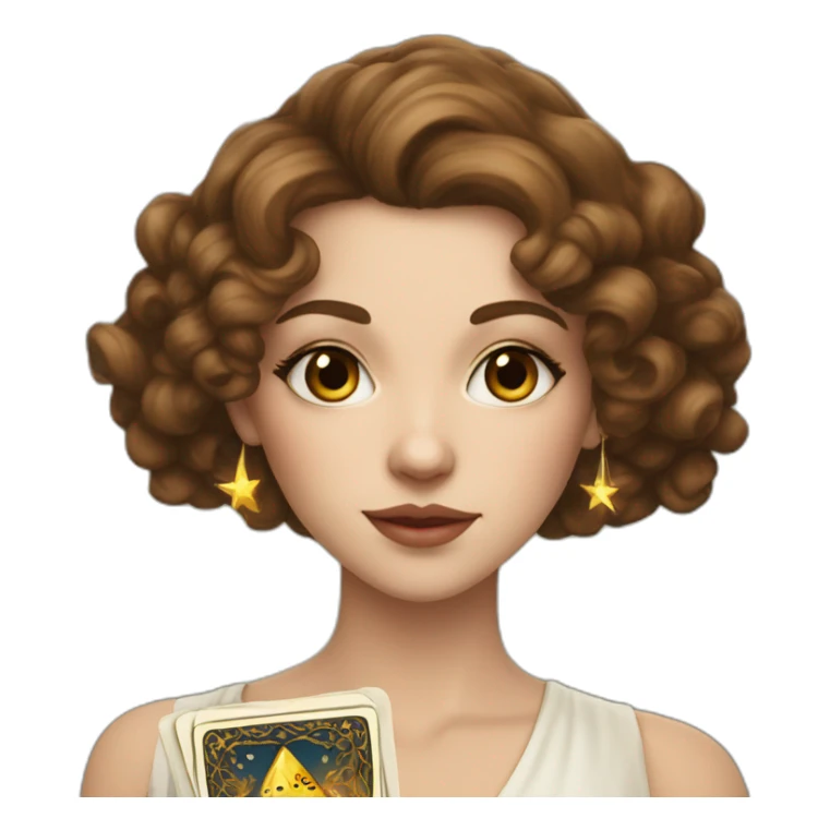 white young elegant woman with long brown curls and a tarot card that has a golden star sticker
