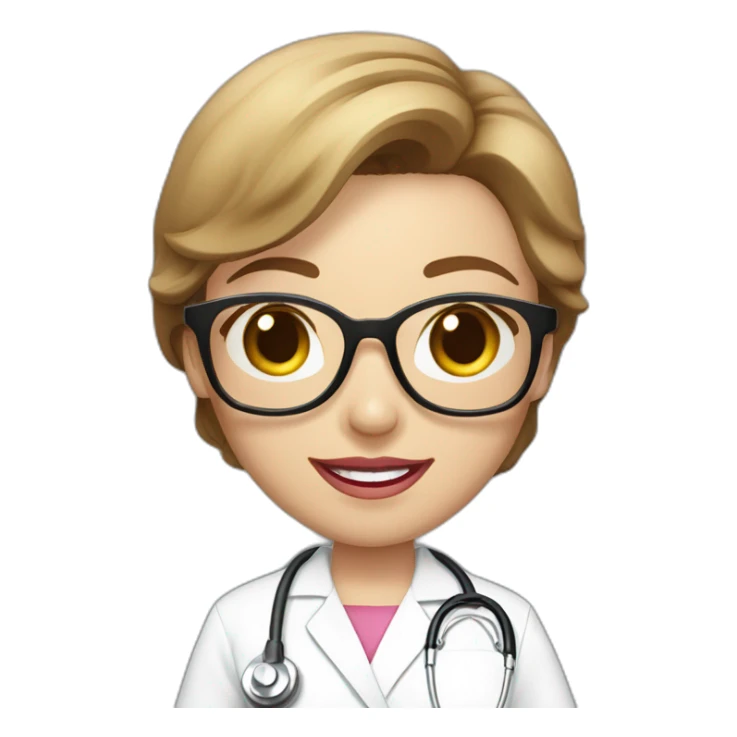 A single smart female nurse with white scrub suit with golden round glasses with short brown hair with beautiful smile and pinky lip sticker