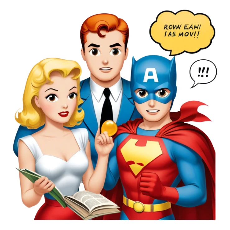 Icon for Vintage American Comics: an open comic book with classic 1940s-1950s American comic art, featuring superheroes in bold, bright colors, with action panels and exaggerated speech bubbles. The icon should represent the nostalgic style of vintage comics. Transparent background. sticker