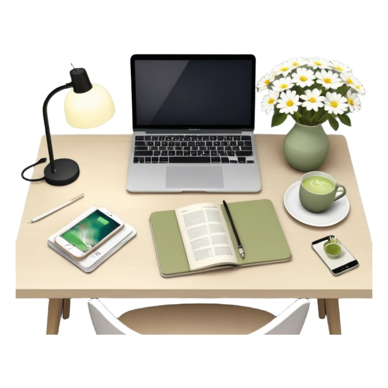 seeing a working from home desk from above with a macbook computer, fashion/interior magazines, flowers in a little vase, louis poulsen portable lamp with a dimmed cozy light and a iced matcha. very scandinavian aesthetic sticker