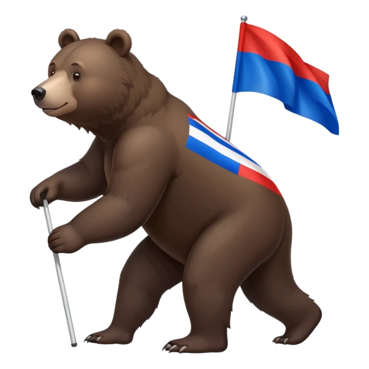 Medium-dark brown bear on four legs with Russian tricolor flag (white, blue, red horizontal stripes) on its back, realistic features sticker