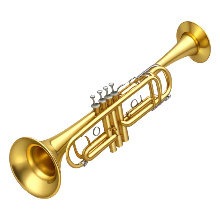 Create a sleek and professional emoji representing a trumpet. The design should feature the shiny brass or gold-plated body of the trumpet, with its distinct three valves and flared bell. Highlight the smooth tubing, and include small details like the tuning slides and valve caps. The trumpet should have a polished, gleaming appearance with reflective light effects to enhance its metallic texture. Add subtle musical notes or soundwaves floating around the trumpet to evoke the bright, bold sound it produces. Use gold, brass, and silver tones for the trumpet and its details. The background should be transparent. sticker