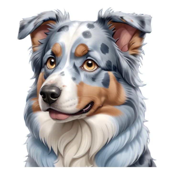 Cinematic Grumpy Tan Point Blue Merle Australian Shepherd Portrait Emoji, Head tilted slightly with a deeply unimpressed expression, thick blue merle fur with bold tan points and subtle white markings, large, droopy blue eyes narrowed into an unamused glare, ears drooping in exasperation, Simplified yet comically expressive features, highly detailed, glowing with a dry, sarcastic glow, high shine, effortlessly judgmental yet dignified, stylized with a touch of cynicism, bright but brooding, soft glowing outline, capturing the essence of an eternally unimpressed yet endearing pup, so lifelike it feels like it could sigh heavily at you in disdain at any moment! sticker