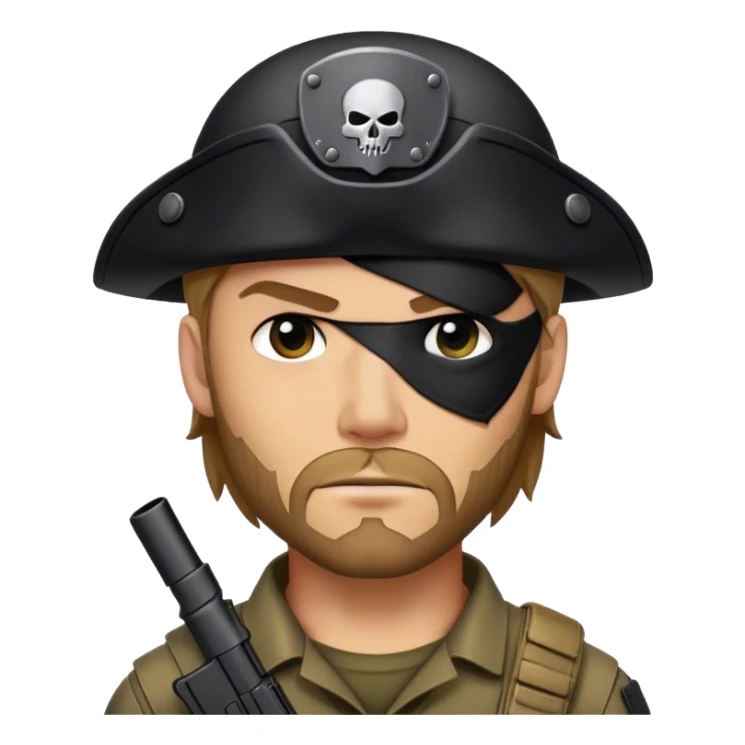 A rugged mercenary with stubble, black tactical gear, and an eye patch with a faint scar beneath. sticker