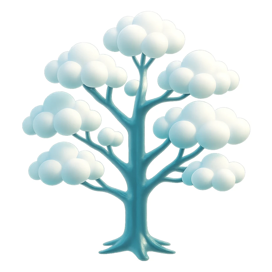 one tree with many branches, each branch covered with many small, very bright white, fluffy, convex clouds, saturated color sticker