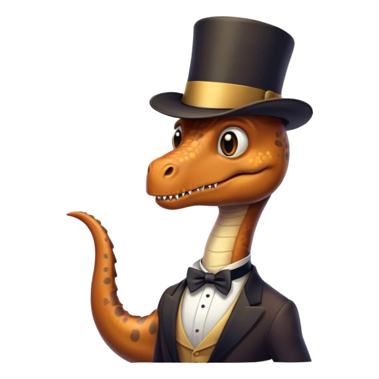 Long neck dinosaur with a top hat and a human face sticker