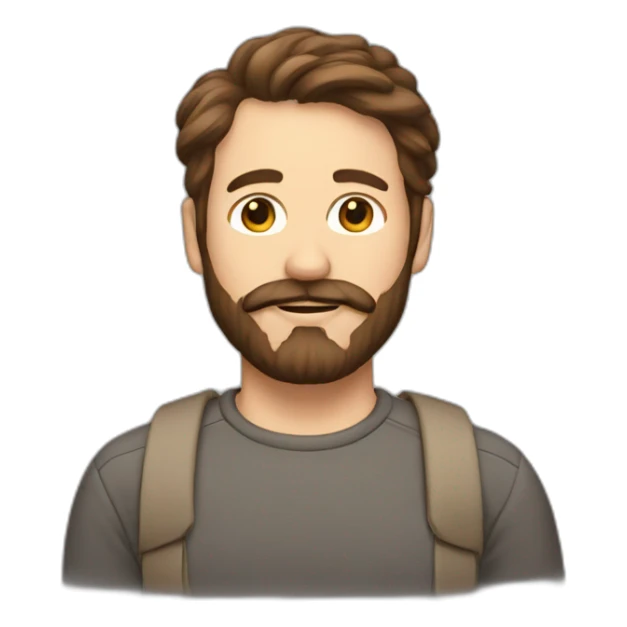 A guy with brown hair and a beard with a mustache sticker
