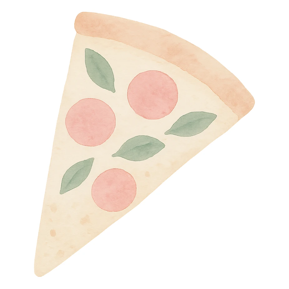 Pizza slice in watercolor style with white, green, and pink pastel tones sticker