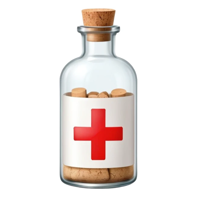 A glass medicine bottle with a cork top and red cross label sticker